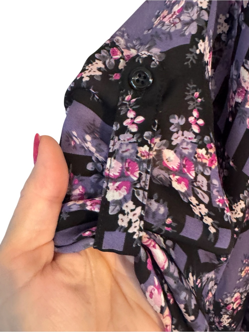 Purple and Black Floral Geometric Blouse PLUS SIZE: 2X BIN#14 - Picture 4 of 7